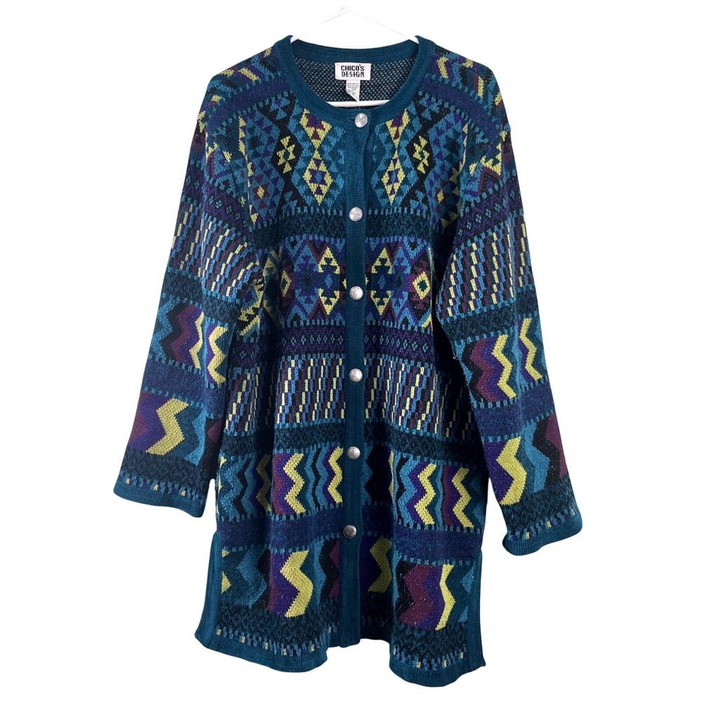 Vintage Chicos Longline Cardigan Women 3/L Teal Geometric Duster Tribal 90s Boho